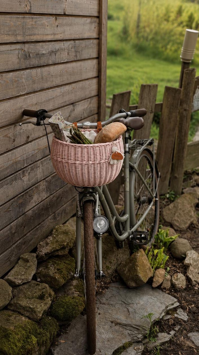 Puede incluir: Una cesta de bicicleta de mimbre trenzado de color rosa claro montada en el manillar de una bicicleta gris. La cesta contiene una hogaza de pan, un manojo de esp&aacute;rragos verdes y un objeto de papel estampado. Una etiqueta de cuero cuelga.