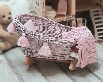 LittleDreamsShopPL berceau en osier pour poupées franges rose poussiéreux