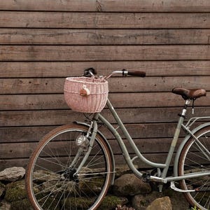 Puede incluir: Una bicicleta de color verde salvia con una cesta de mimbre trenzado de color rosa claro sujeta al manillar. La bicicleta tiene neum&aacute;ticos de goma marr&oacute;n, un sill&iacute;n de cuero marr&oacute;n, manillar de metal plateado con pu&ntilde;os oscuros y un faro.