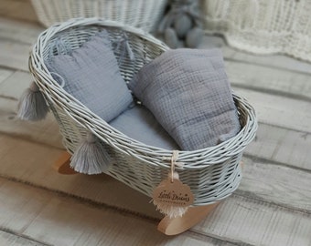 LittleDreamsShopPL berceau en osier pour poupées franges gris clair