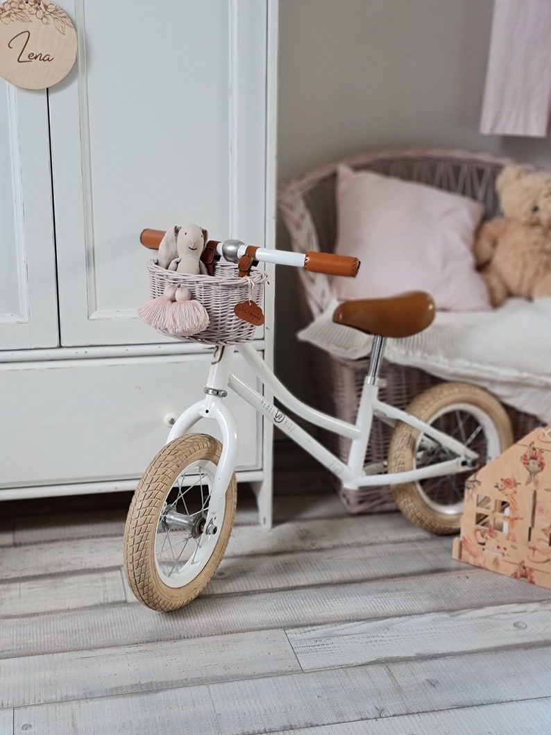 LittleDreamsShopPL Wicker bike basket mini for kids in dusty pink with leather straps and fringes zdjęcie 1