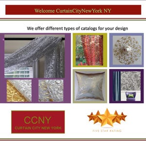 May include: A collage of images showcasing different types of curtains and drapery fabrics. The images include a sheer white curtain, a red curtain, a gold patterned cushion, and a gold patterned wallpaper. The text "CCNY Curtain City New York" is displayed below the images.