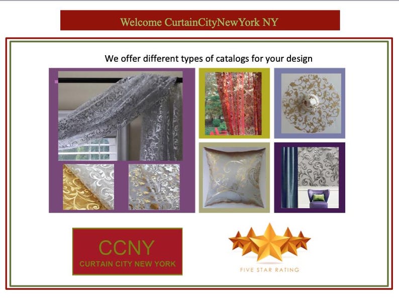 May include: A collage of images showcasing different types of curtains and drapery fabrics. The images include a sheer white curtain, a red curtain, a gold patterned cushion, and a gold patterned wallpaper. The text "CCNY Curtain City New York" is displayed below the images.