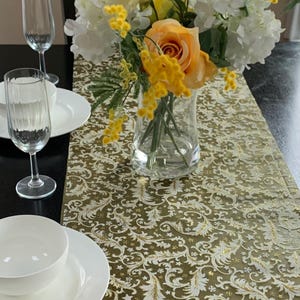 Holiday Decor Table Runner Metallic Gold Embossed Leaf Organza Sheer Table Runner image 4
