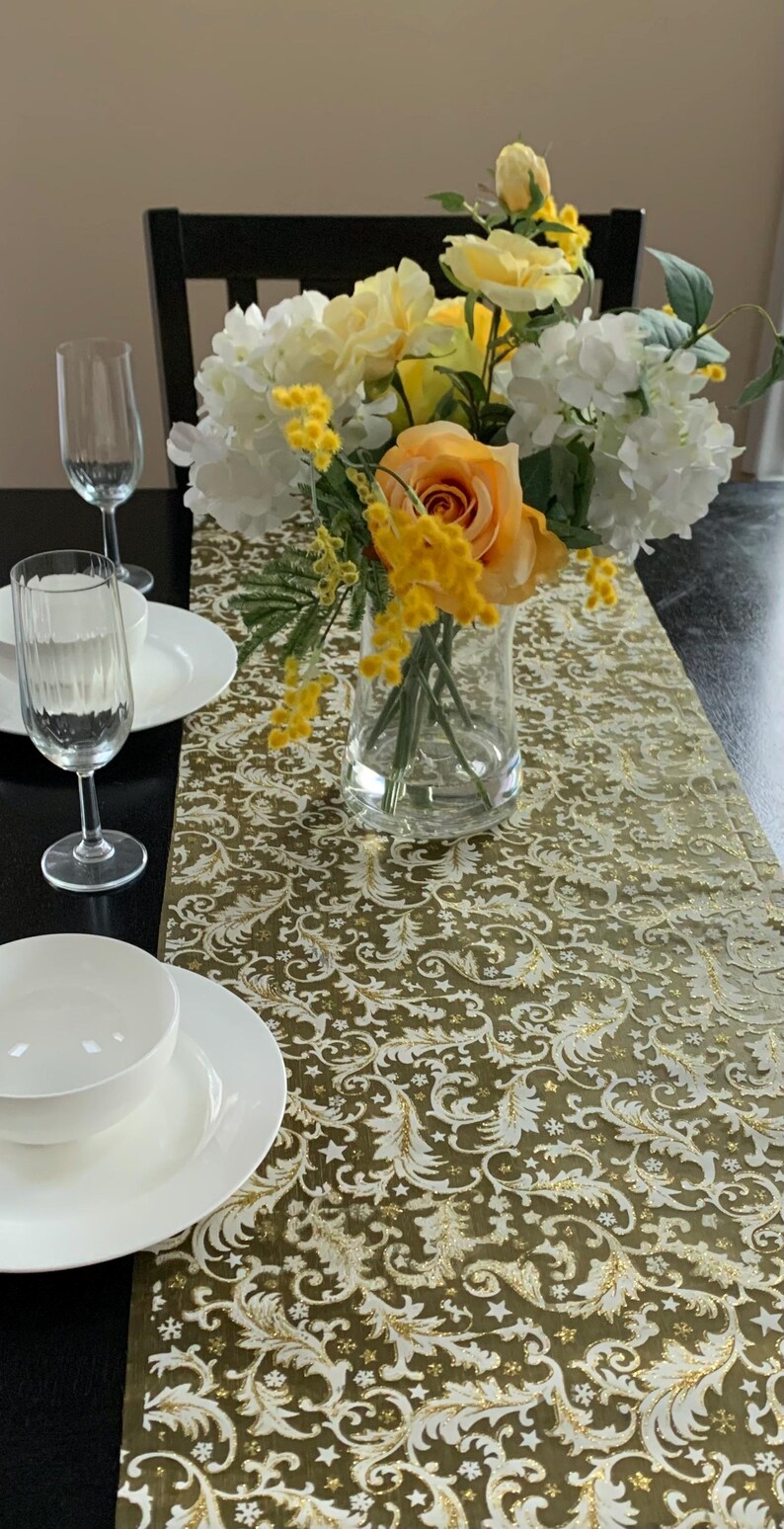 Holiday Decor Table Runner Metallic Gold Embossed Leaf Organza Sheer Table Runner image 4