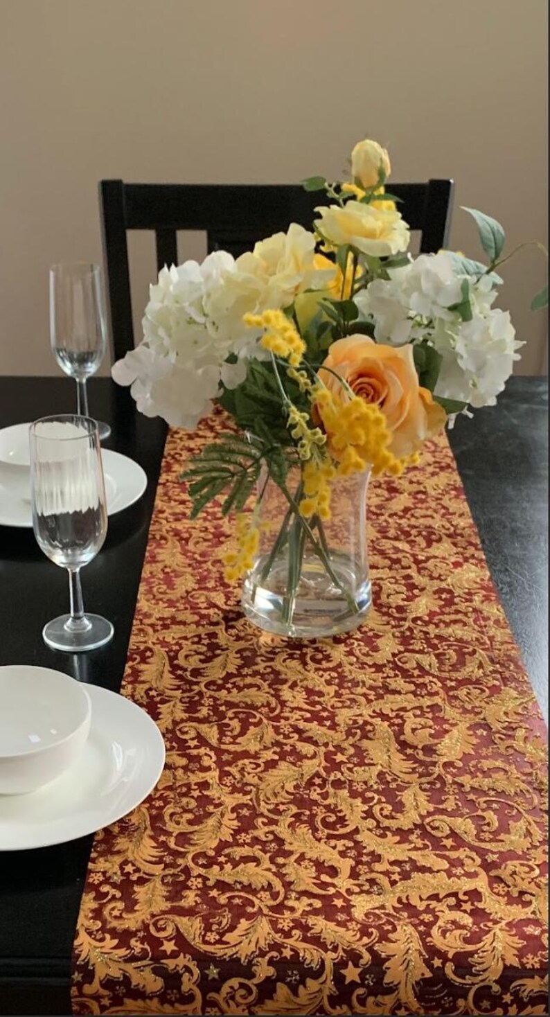 Holiday Decor Table Runner Metallic Gold Embossed Leaf Organza Sheer Table Runner image 6