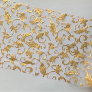 Holiday Decor Table Runner Metallic Gold Embossed Leaf Organza Sheer Table Runner