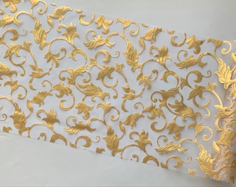 Holiday Decor Table Runner Metallic Gold Embossed Leaf Organza Sheer Table Runner