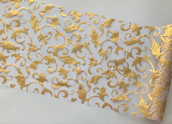Holiday Decor Table Runner Metallic Gold Embossed Leaf Organza Sheer Table Runner