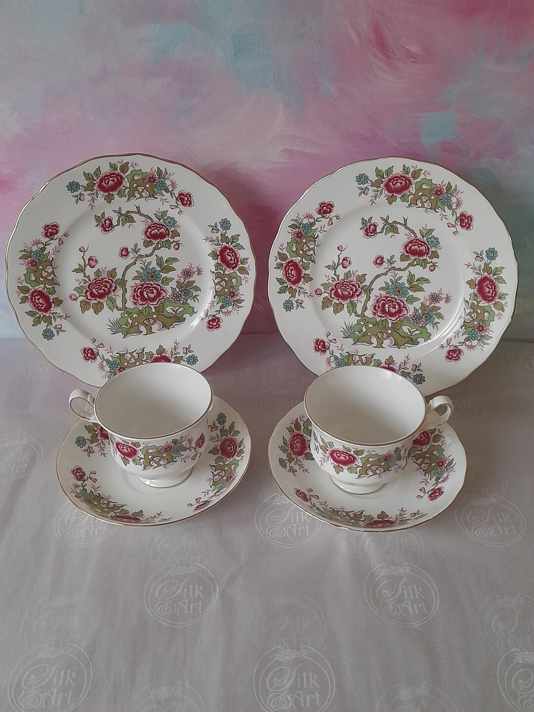 2 Queen Anne Tea Trios With Peony Roses Plus 1 Extra Plate; Chinese ...