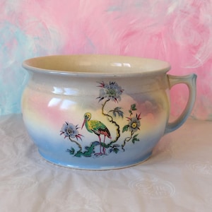 May include: A ceramic chamber pot featuring a gradient finish transitioning from cream at the top to pink and blue at the base. The exterior is decorated with a colourful illustration of a stork standing among stylised blue and green floral branches.