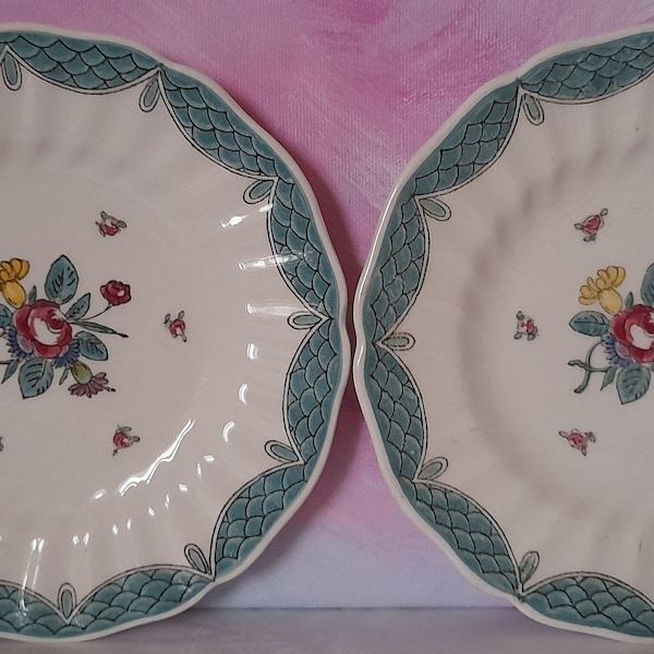 2 Floral Side Plates; Small Plates with Decorative Flower Design and Green Border "Lowestoft Bouquet" by Royal Doulton