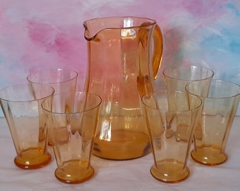 Lemonade Pitcher and Glasses, Amber Glass Cordial Set, Honey Coloured Blown Glass Jug with 6 Tumblers