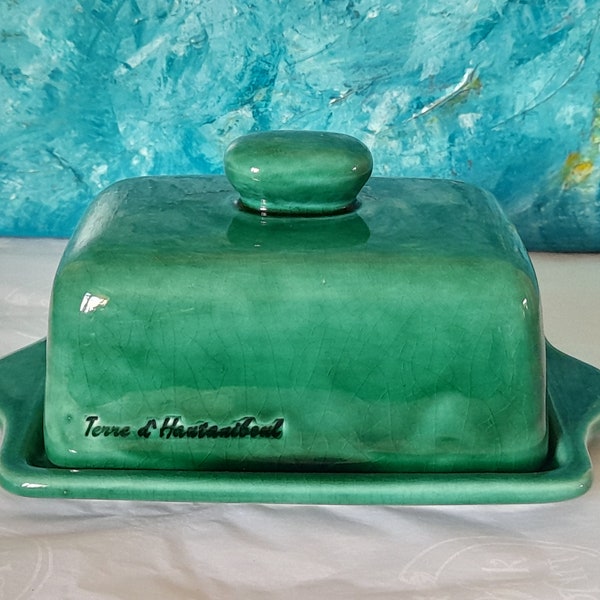 Vintage Green Butter Dish Terre d'Hautaniboul; Retro French Forest Green Butter Dish