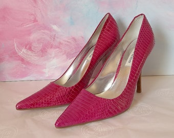 Magenta Leather High Heeled Shoes Snakeskin Pattern; Dune Size 39 Leather Heels; Elegant Shoes