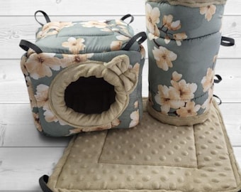 Rat Cage Accessories Set – 3 Piece Rat Hammock, Cozy House & Tunnel, Handmade Small Animal Cage Set, Degu Chinchilla Guinea Pig