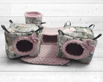 Rat Cage Accessories Set, 5 Piece Rat Cage Set with 2 Hideouts, Hammock, Tunnel & Hideaway, Small Animal Cage Accessories