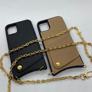 Étui mince en cuir écologique noir pour iPhone avec une chaîne
