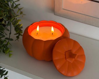 Handmade Jesmonite Pumpkin Candle, Orange Cinnamon Soy Wax, Autumn Home Decor