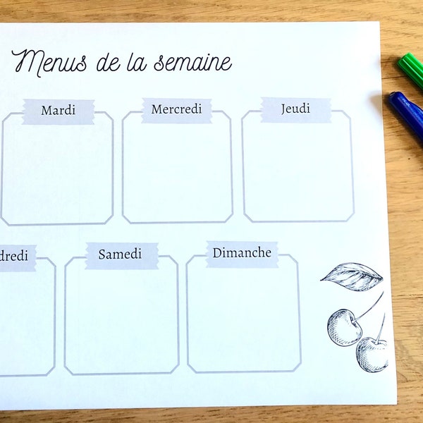 Planificateur repas, menu semaine à imprimer. fichier PDF