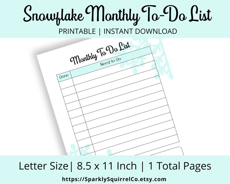 Snowflake Monthly Todo Sheet, Planner Insert, Letter Size Etsy