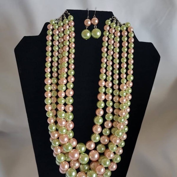 Pink and Green Pearl Necklace with Drop Earrings