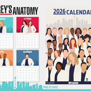 Grey's Anatomy 2026 Monthly Calendar Planner Journal Minimalist Colourful - Printable A4/US Letter Size holiday christmas gift