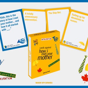 May include: A yellow box of "Cards Against How I Met Your Mother" with game cards and related graphics. The box reads "Intervention" and features a horn, tie, umbrella, and maple leaf. Cards with quotes are also visible.