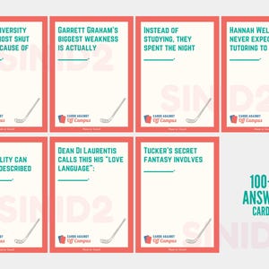 May include: A collection of answer cards with a red border and white background. Each card features a fill-in-the-blank prompt and a hockey stick graphic. The text includes phrases like "Briar University" and "Cards Against Off Campus". The set includes over 100 cards.