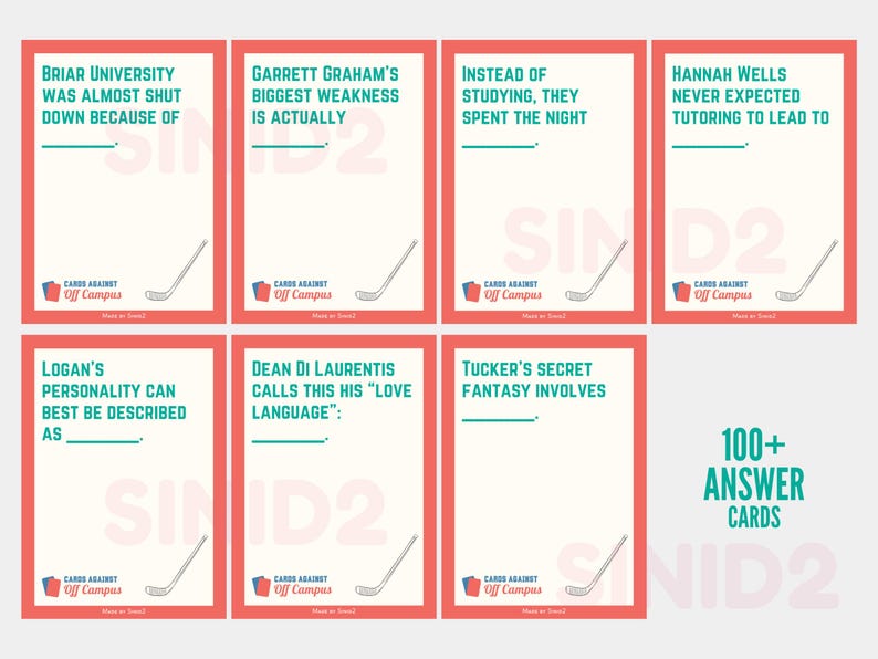 May include: A collection of answer cards with a red border and white background. Each card features a fill-in-the-blank prompt and a hockey stick graphic. The text includes phrases like "Briar University" and "Cards Against Off Campus". The set includes over 100 cards.