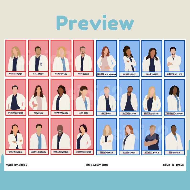 Grey's Anatomy Guess Who Game Printable Instant Download - Etsy
