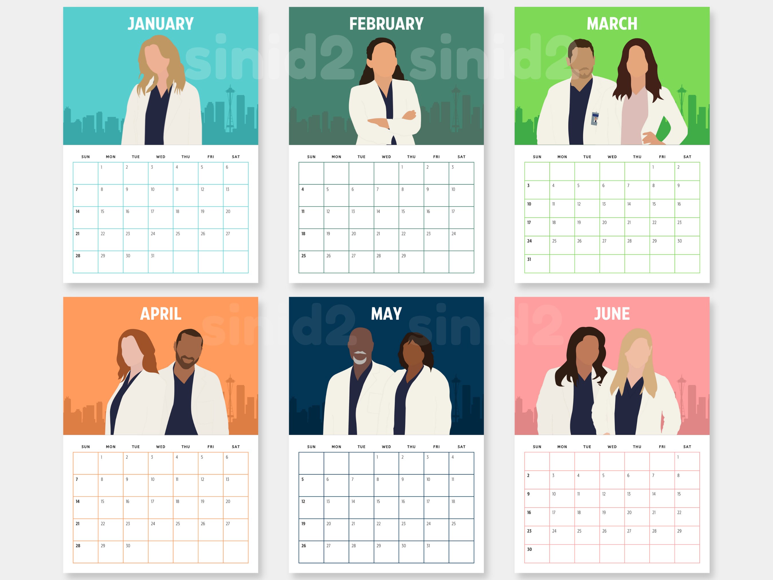 Grey's Anatomy 2024 Monthly Calendar Minimalist Colourful Printable A4
