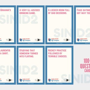 May include: A collection of game cards with blue borders and white backgrounds. Each card features text like "Garrett Graham's Ego" and "A Very Ill-Advised Drinking Game." The game is called "Cards Against Off Campus."