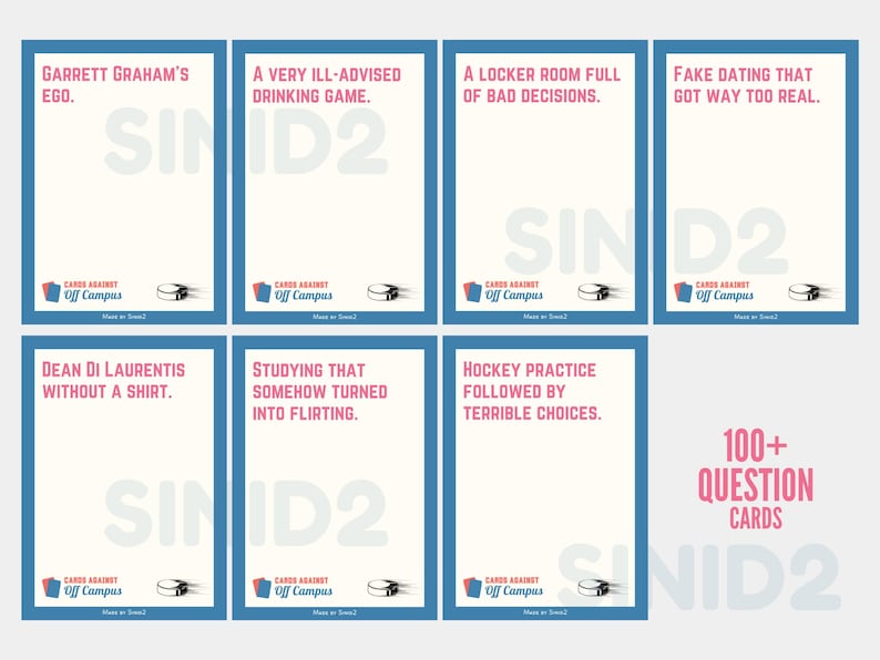 May include: A collection of game cards with blue borders and white backgrounds. Each card features text like "Garrett Graham's Ego" and "A Very Ill-Advised Drinking Game." The game is called "Cards Against Off Campus."