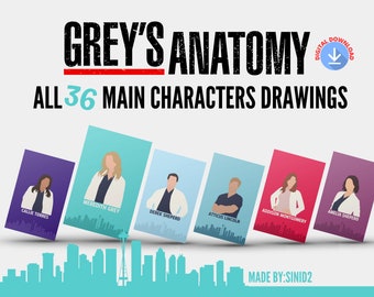 Grey's Anatomy Minimalist Illustration Line Art Pop Poster Print Pack - Set Of 36 (Downloadable) holiday christmas gift Christmas gift
