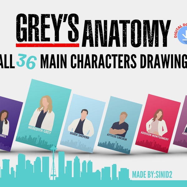 Grey's Anatomy Minimalist Illustration Line Art Pop Poster Print Pack - Set Of 36 (Downloadable)