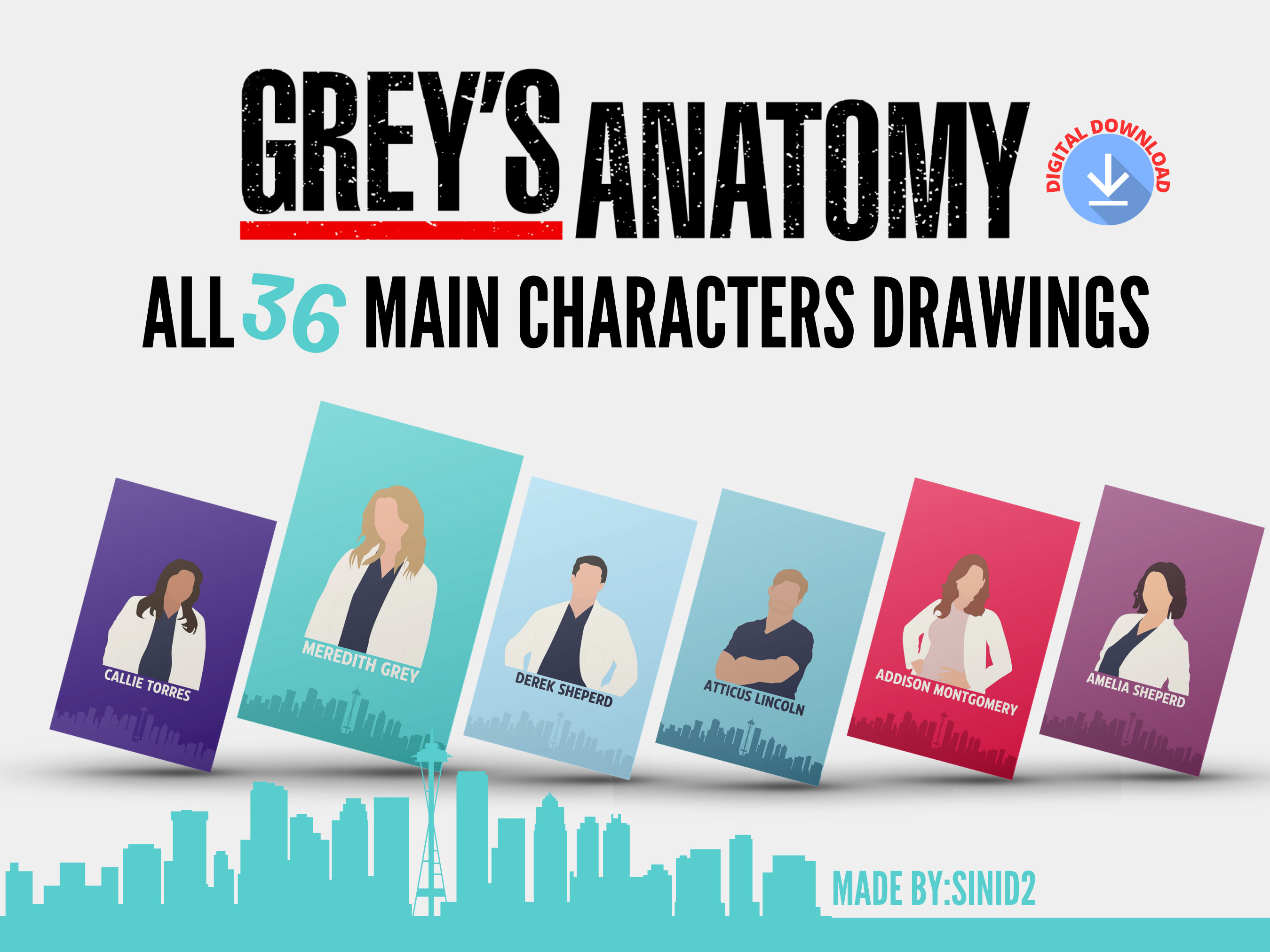 Grey's Anatomy Minimalist Illustration Line Art Pop Poster Print Pack
