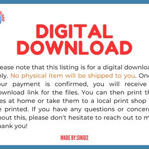 May include: A digital download listing with the words "DIGITAL DOWNLOAD" in large red letters. The text below explains that no physical item will be shipped and provides instructions for printing the files. The image has a blue border and a small logo in the top left corner.