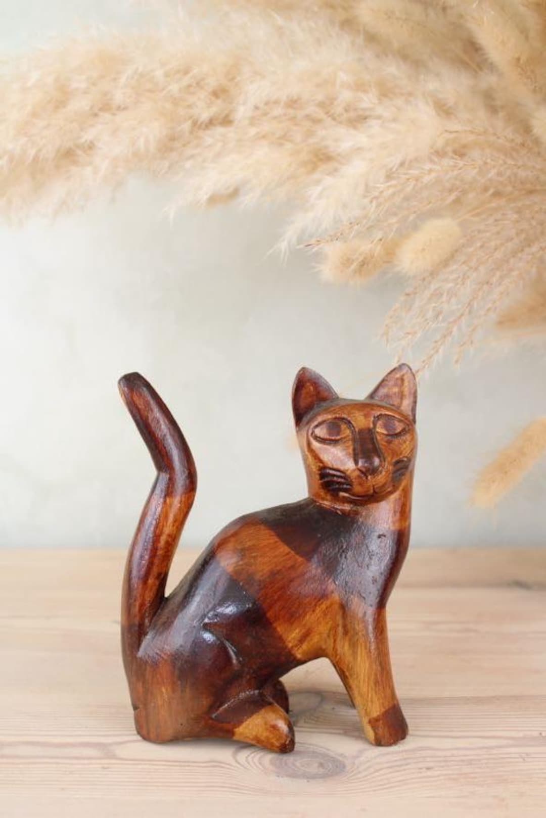 Hand Carved Wooden Cat Figurine | Retro Striped Home Decor - Etsy