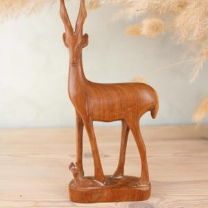 Standing Wooden Stag Figurine | African Style Carved Wooden Animal Figurines | Mid Century Home Decor | Perfect Housewarming Gift