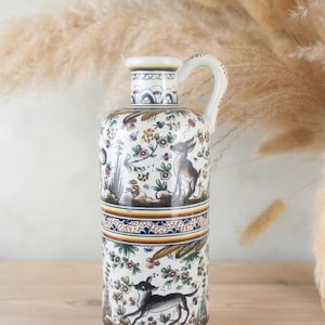 Portuguese Tall Oil Pot Vase | Vintage Animal Design Planter | Hand Painted Rabbit Animal Jug | Housewarming Gift