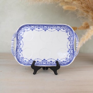 Blue and White Vintage Egg Cup Stand Platter | Vintage Made in England Servingware Kitchenware | Decorative Squared Edge Serving Platter