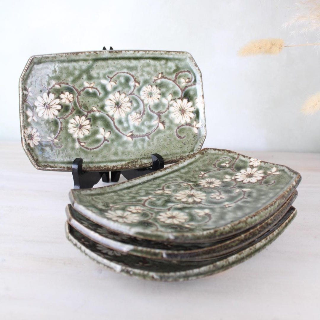 Set of 4 Japanese Rectangle Flower Plates | Long Serving Dinner Plates ...