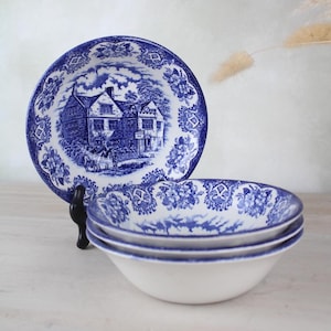 Set of 4 Ironstone Old Inns Series Blue and White Bowls | Vintage Tableware Servingware Dinnerware | Unique Vintage Bowl