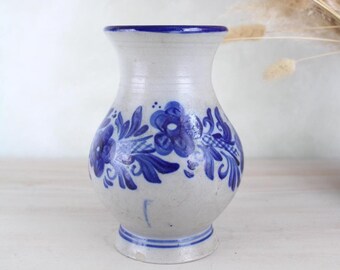 Vintage Gres De La Roche Vase | Salzglasierte blaue Blumenkeramik