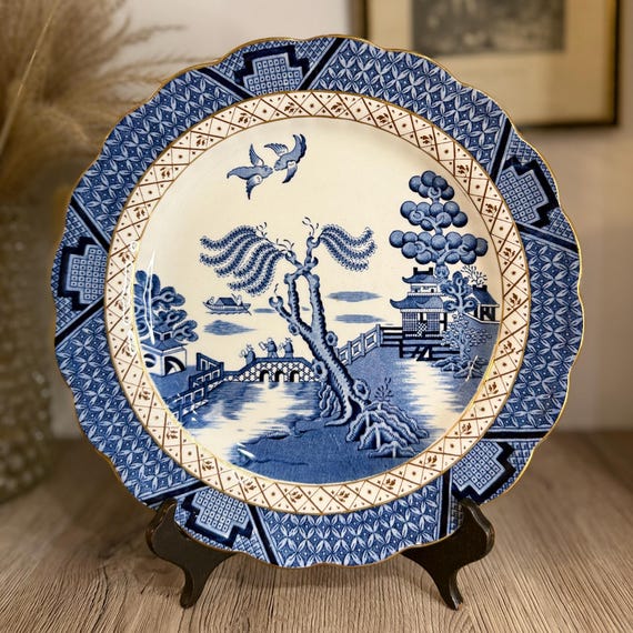 Old Willow Blue and White Plate With Gold Trim Vintage Serving