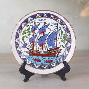 Greek Ship Decorative Hanging Plate | Decorative Blue Patterned Plate | Vintage Wall Hanging Home Decor | Great Housewarming Gift