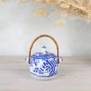 Sugar Jar in Blue and White with Cane Handle | Sugar Storage Container Lidded Pot Wicker | Vintage Country Cottage Farmhouse Kitchenware