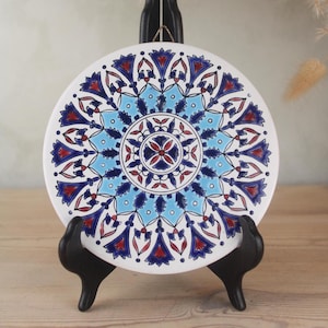 Small Blue Greek Hanging Tile | Round Circle Centrepiece Tile | Handmade Hand Painted Decorated Tile | Vintage Wall Hanging Wall Decor