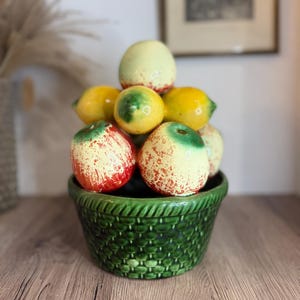 Ceramic Fruit Bowl with Apples and Lemons | Unique Quirky Home Decor | Eclectic Home Accent | Bright Colourful Fruit Theme Homeware